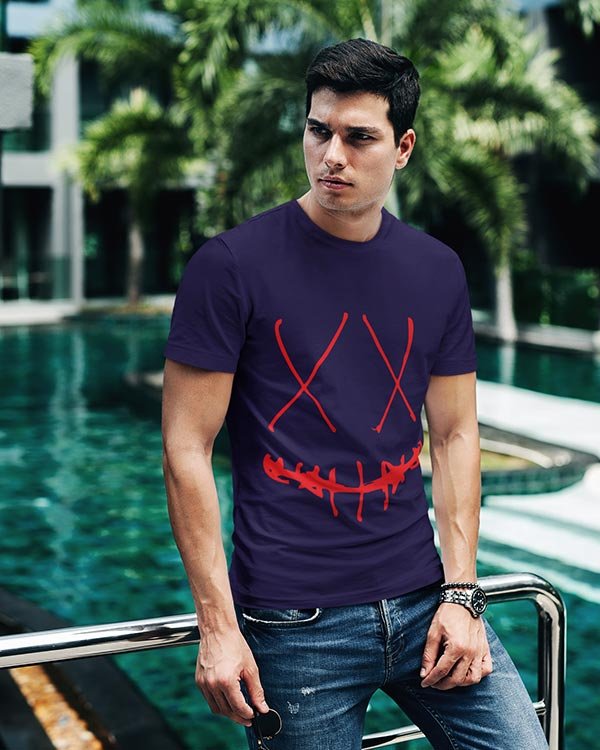 Deadly Smile Mask Navy Blue Pure Cotton Tshirt for Men
