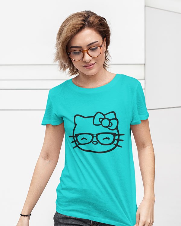 Little Cat (Kitty) Sky Blue Cotton Tshirt for Women