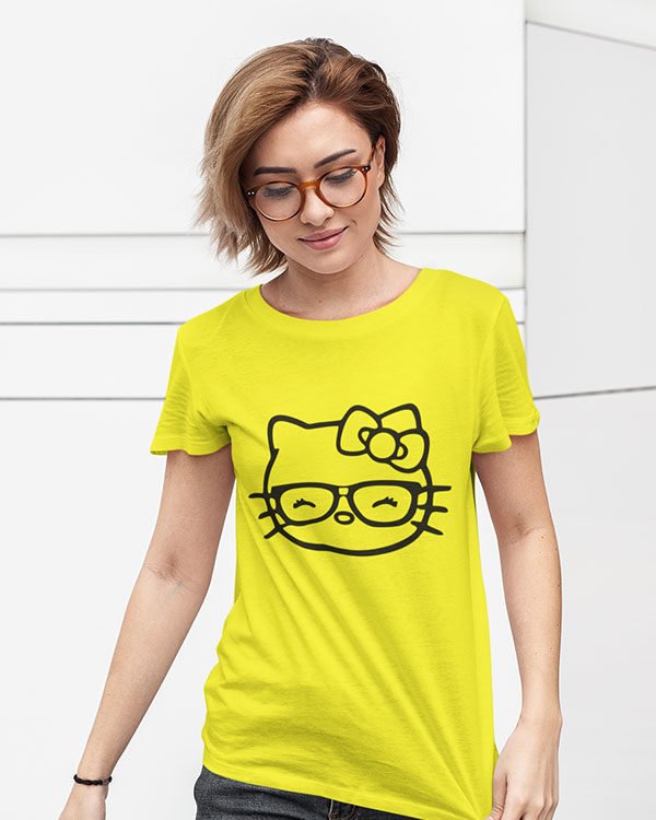 Little Cat (Kitty) Yellow Cotton Tshirt for Women