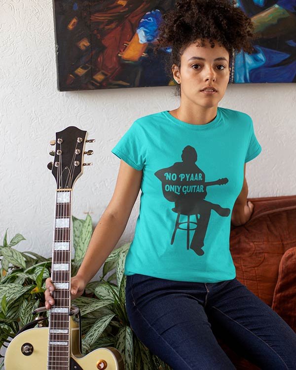 No Pyar Only Guitar Sky Blue Pure Cotton Tshirt for Women