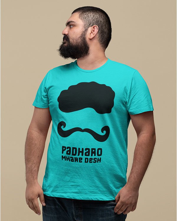 Padharo Mhare Desh Rajasthani Sky Blue Pure Cotton Tshirt For Men