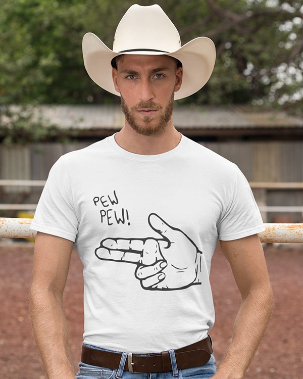 Pew Pew Hand Gun White Pure Cotton Tshirt For Men | Gift Speaks