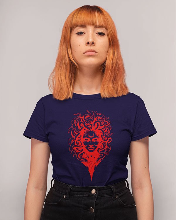 Red Goddess Navy Blue Pure Cotton Tshirt for Women
