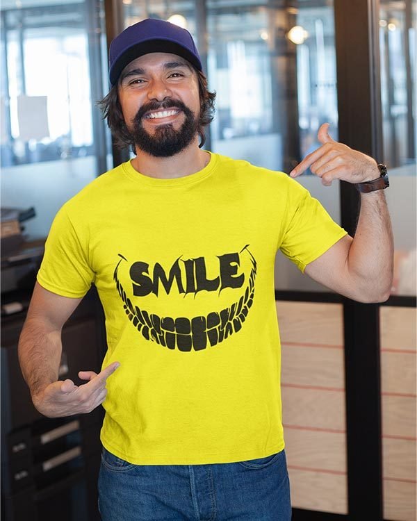Scary Smile Yellow Pure Cotton Tshirt for Men