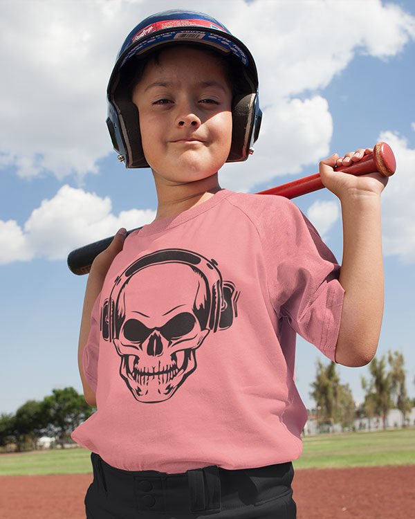 Skull With Headphone Cotton Tshirt for Children Pink
