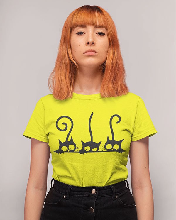 Three Jumping Cats Yellow Cotton Tshirt for Women