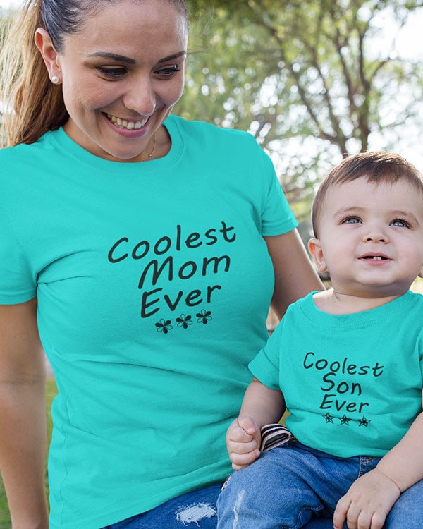 Coolest Mom Son Ever Pure Cotton Tshirt For Family Sky Blue