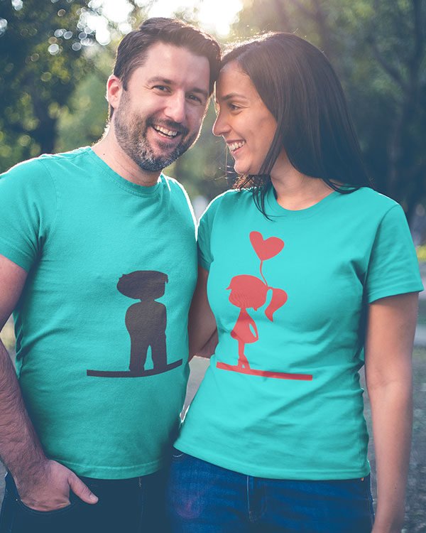 Couple With Heart Baloon Pure Cotton Tshirt for Couples Sky Blue
