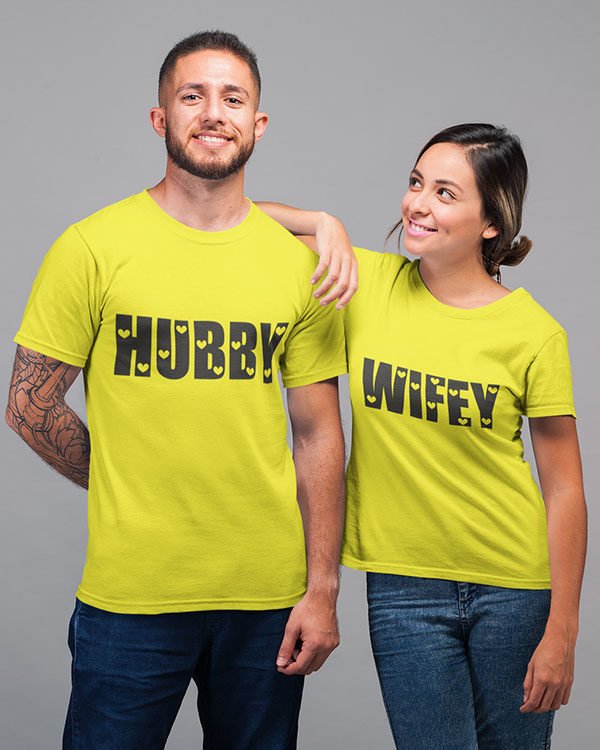 Hubby Wifey Pure Cotton Tshirt for Couples Yellow