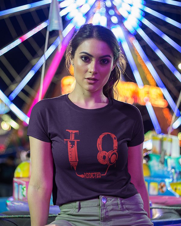 Music Addicted Girl Animated Pure Cotton Tshirt for Women Dark Blue