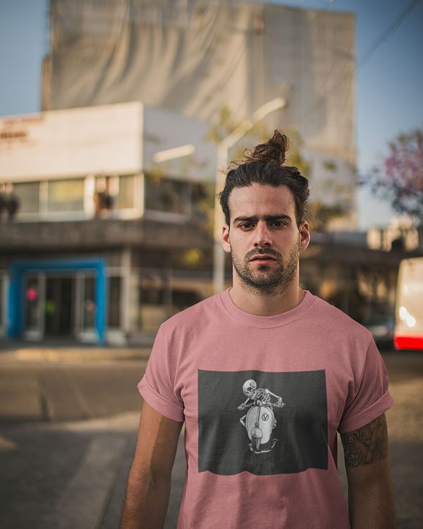 Skeleton on Scooter Boy Animated Pure Cotton Tshirt for Men Pink Skeleton on Scooter Boy Animated Pure Cotton Tshirt for Men Pink