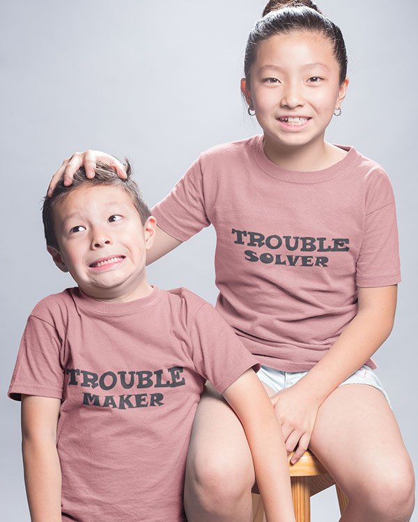 Trouble Maker Trouble Solver Pure Cotton Tshirt for Siblings Pink