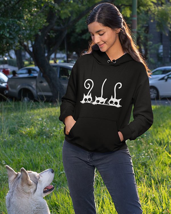 3 Cats Funky Pure Cotton Hoodie for Women Black