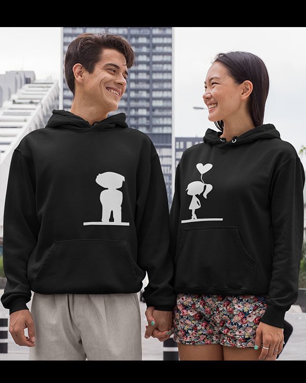 Couple With Heart Baloon Pure Cotton hoodies for Couples Black