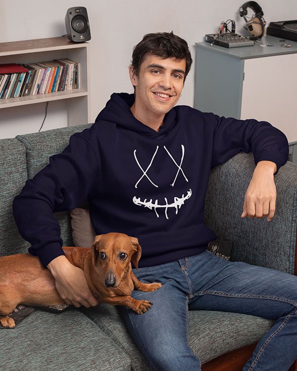 Crossed Eye Smiley Face Animated Pure Cotton Hoodie for Men Dark Blue Crossed Eye Smiley Face Animated Pure Cotton Hoodie for Men Dark Blue