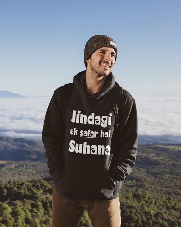 Jindagi Ek Safar Hai Suhana Funky Pure Cotton Hoodie for Men Black