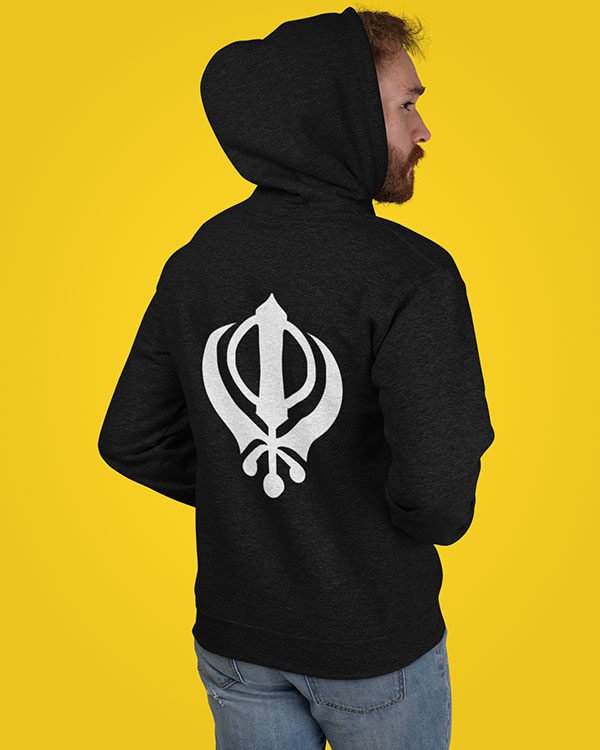 Sikh Symbol Pure Cotton Hoodie for Religious Men Black