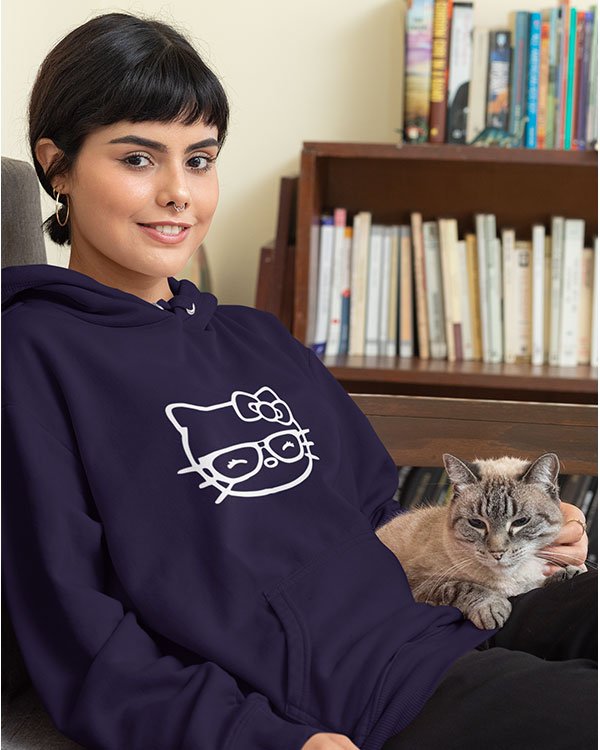 Smiling Kitten Funky Pure Cotton Hoodie for Women Dark Blue