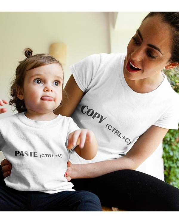 Copy Paste Pure Cotton Tshirts For Mom Daughter White