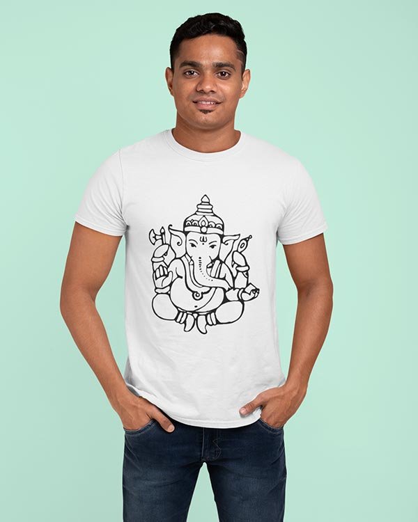 Ganesha Sketch Animated Pure Cotton Religious Tshirt For Men WHite