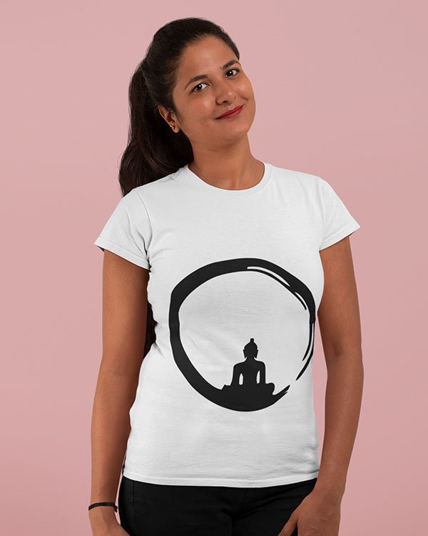 Buddha in the Circle Pure Cotton Religious Tshirt For Women White