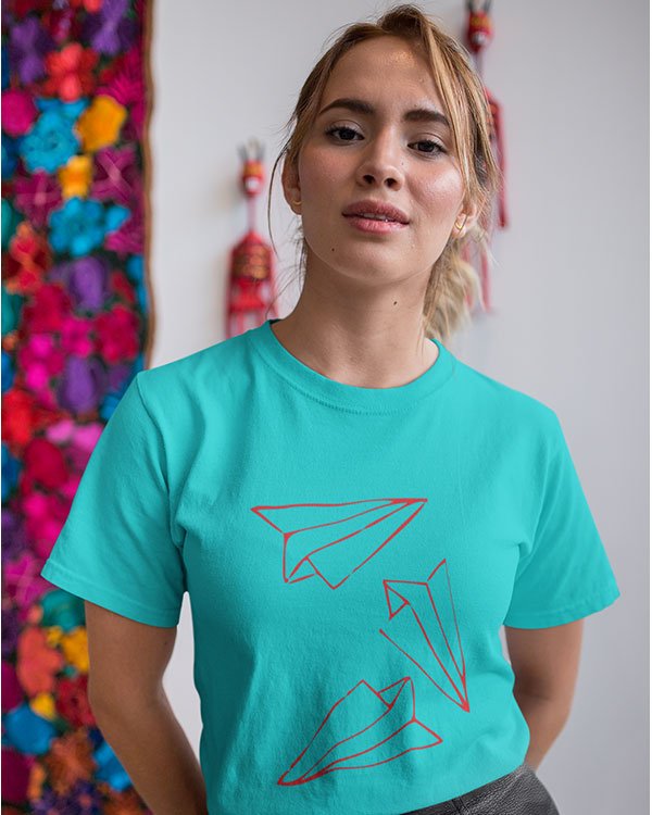 Flying Planes Pure Cotton Tshirt for Women Sky blue