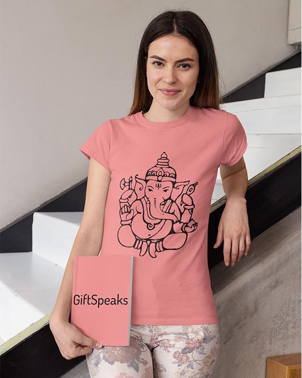 Ganesha Sketch Animated Pure Cotton Religious Tshirt For Women Pink