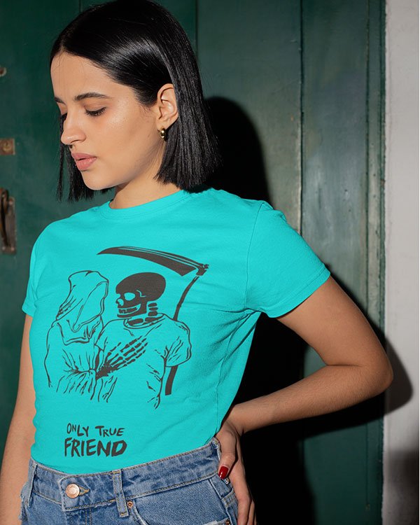 Only True Friend Animated Pure Cotton Tshirt for Women Sky Blue