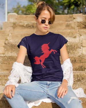 Red Unicorn Animated Pure Cotton Tshirt for Women Dark Blue