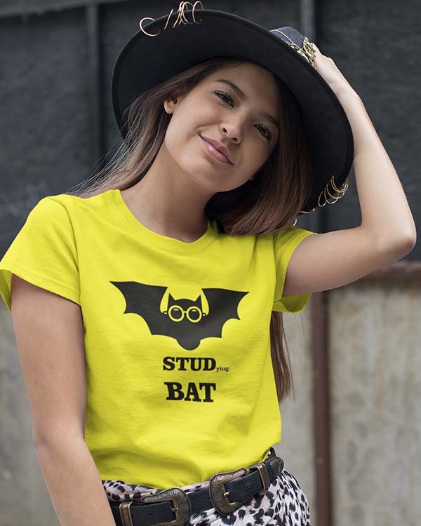 Studying Bat Pure Cotton Tshirt For Women Yellow