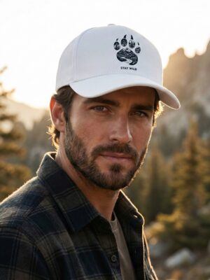 5z0ctnve_17K2TTMEZS_2026-03-12_1.jpg Unisex White Baseball Cap with Stay Wild Mountain Paw Print Graphic, Adjustable Casual Cap for Men and Women, Stylish Outdoor Adventure Hat for Travel, Hiking, Sports and Daily Wear
