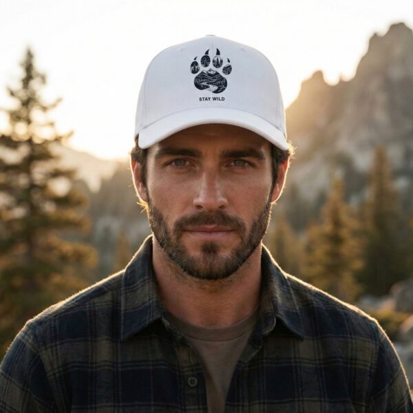 Unisex White Baseball Cap with Stay Wild Mountain Paw Print Graphic, Adjustable Casual Cap for Men and Women, Stylish Outdoor Adventure Hat for Travel, Hiking, Sports and Daily Wear