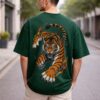 Men's Oversized Dark Green Tiger Graphic Printed T-Shirt | Trendy Animal Print Streetwear Baggy Tee for Men | Casual Half Sleeve Round Neck Drop Shoulder Fashion T-Shirt | Loopknit 240 GSM Premium Oversized Fit