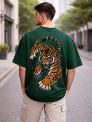 Men's Oversized Dark Green Tiger Graphic Printed T-Shirt | Trendy Animal Print Streetwear Baggy Tee for Men | Casual Half Sleeve Round Neck Drop Shoulder Fashion T-Shirt | Loopknit 240 GSM Premium Oversized Fit