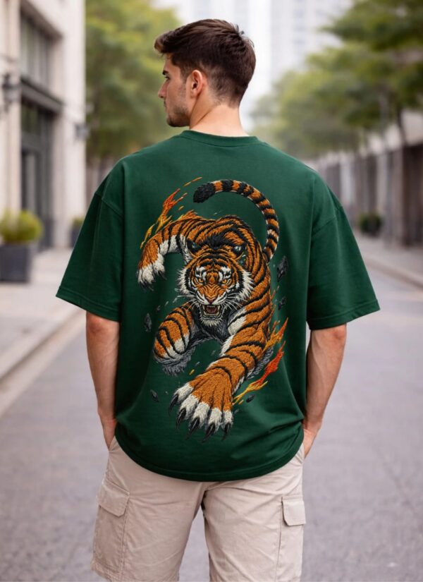 Men's Oversized Dark Green Tiger Graphic Printed T-Shirt | Trendy Animal Print Streetwear Baggy Tee for Men | Casual Half Sleeve Round Neck Drop Shoulder Fashion T-Shirt | Loopknit 240 GSM Premium Oversized Fit