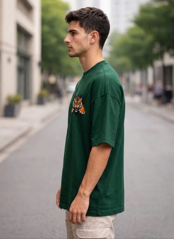 Men's Oversized Dark Green Tiger Graphic Printed T-Shirt | Trendy Animal Print Streetwear Baggy Tee for Men | Casual Half Sleeve Round Neck Drop Shoulder Fashion T-Shirt | Loopknit 240 GSM Premium Oversized Fit