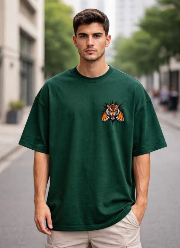 Men's Oversized Dark Green Tiger Graphic Printed T-Shirt | Trendy Animal Print Streetwear Baggy Tee for Men | Casual Half Sleeve Round Neck Drop Shoulder Fashion T-Shirt | Loopknit 240 GSM Premium Oversized Fit