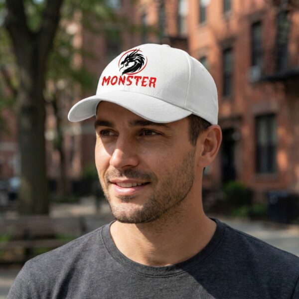 White Graphic Cap with Black Dragon & Red Monster Logo