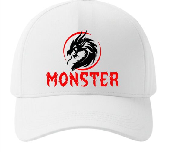 White Graphic Cap with Black Dragon & Red Monster Logo