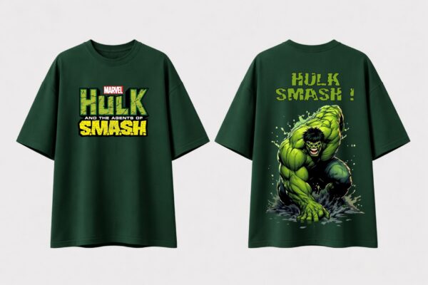 UuJLgZ78_5BH0R3ME6D_2026-04-17_1.jpg Mens Oversized Dark Green Graphic Printed Round Neck T-Shirt Bold Smash Artwork, Casual Streetwear, Half Sleeve Premium Cotton Tee
