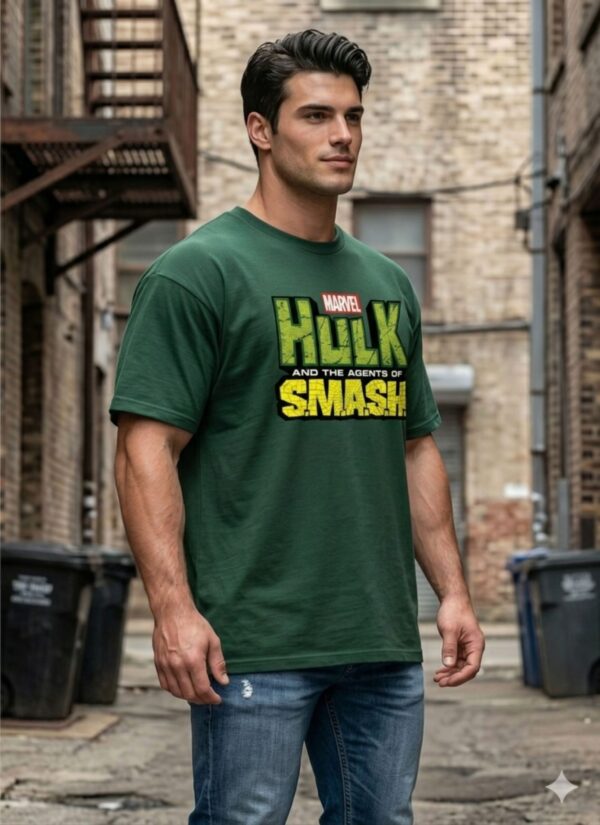 UuJLgZ78_LEO5OJ3F8P_2026-04-17_1.jpg Mens Oversized Dark Green Graphic Printed Round Neck T-Shirt Bold Smash Artwork, Casual Streetwear, Half Sleeve Premium Cotton Tee