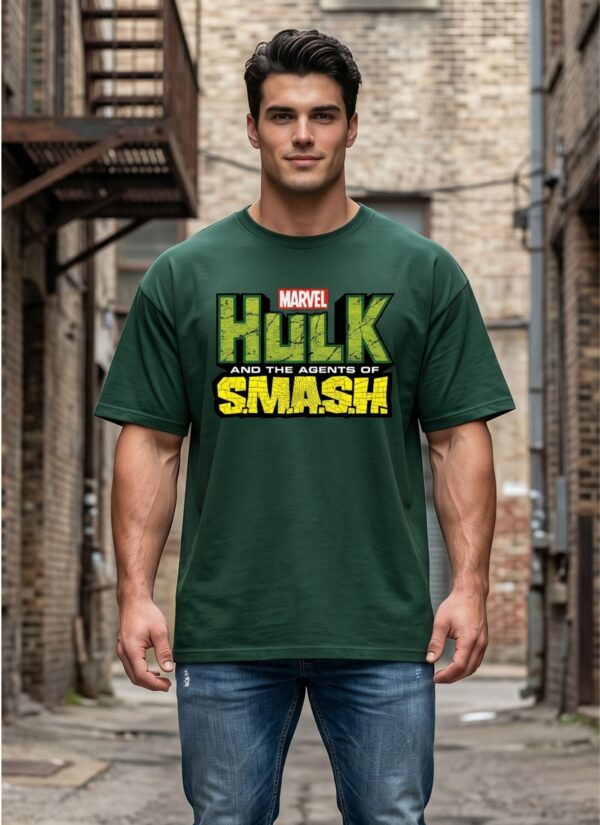 UuJLgZ78_NGG3CF5G2C_2026-04-17_2.jpg Mens Oversized Dark Green Graphic Printed Round Neck T-Shirt Bold Smash Artwork, Casual Streetwear, Half Sleeve Premium Cotton Tee