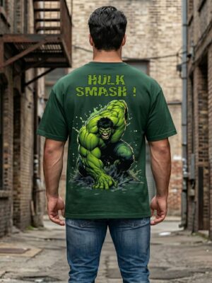Mens Oversized Dark Green Graphic Printed Round Neck T-Shirt Bold Smash Artwork, Casual Streetwear, Half Sleeve Premium Cotton Tee