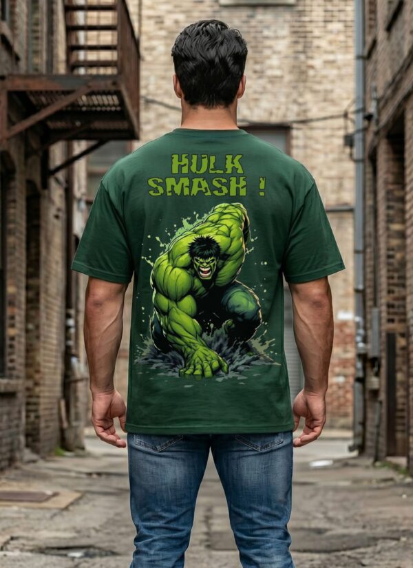 UuJLgZ78_VRNCHRRHBQ_2026-04-17_1.jpg Mens Oversized Dark Green Graphic Printed Round Neck T-Shirt Bold Smash Artwork, Casual Streetwear, Half Sleeve Premium Cotton Tee