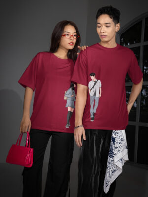 Walking Together Couple Oversized T-Shirt – Matching Unisex Couple Tee in Maroon | Loopknit 240 GSM Premium Streetwear