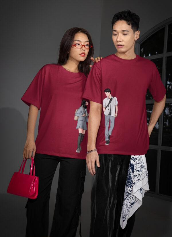 Walking Together Couple Oversized T-Shirt – Matching Unisex Couple Tee in Maroon | Loopknit 240 GSM Premium Streetwear