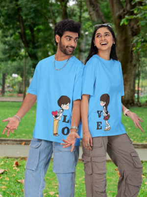 LOVE Couple Oversized T-Shirt – Matching Unisex Sky Blue Couple Tee | Loopknit 240 GSM Premium Cotton