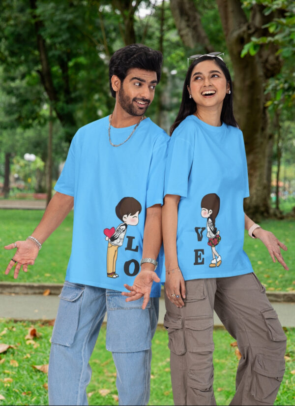 LOVE Couple Oversized T-Shirt – Matching Unisex Sky Blue Couple Tee | Loopknit 240 GSM Premium Cotton