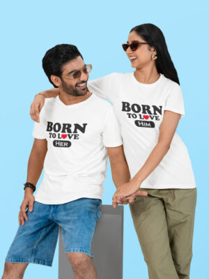 Born To Love Couple Oversized T-Shirt – Matching His & Her White Couple Tee | Loopknit 240 GSM Premium Cotton