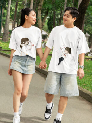 Cute Cupid Cartoon Couple T-Shirt for Men & Women | Matching Love Arrow Couple Tee | Romantic Oversized Couple T-Shirts